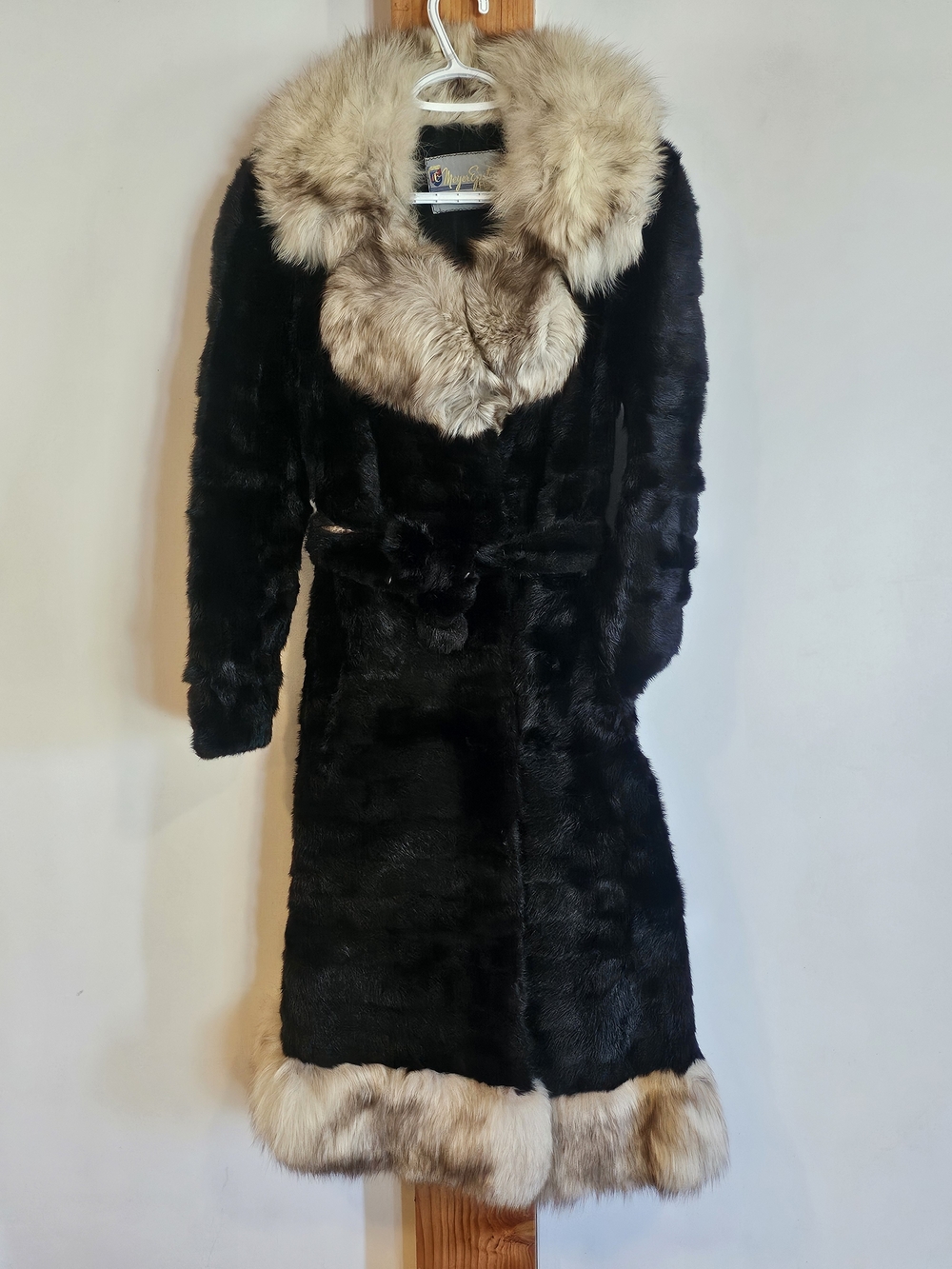 Vintage Black Mink Fur Coat with Fox Fur Collar & Hem Trim